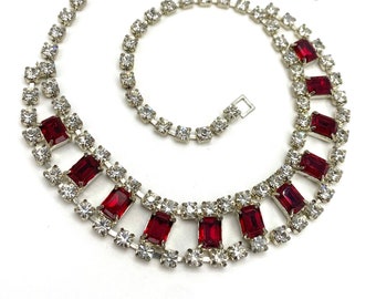 Stunning clear & red emerald cut rhinestone choker necklace