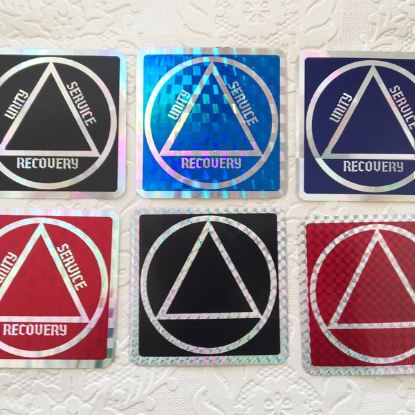 1980s 4 x 4  AA sticker Alcoholics Anonymous prism reflective SOBRIETY circle triangle