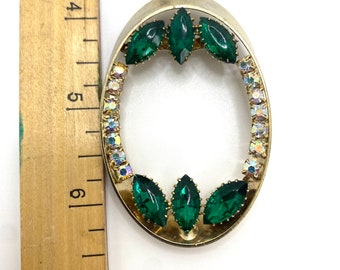 Large vintage oval Rhinestone brooch emerald marquis AB crystal