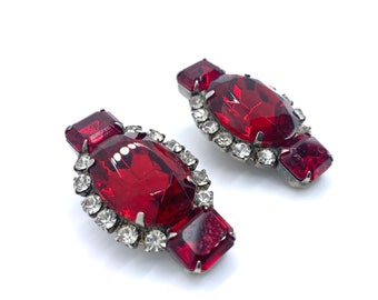 Stunning large Graziano Faceted Glass Rhinestone Ruby Red Clear Clip On Earrings