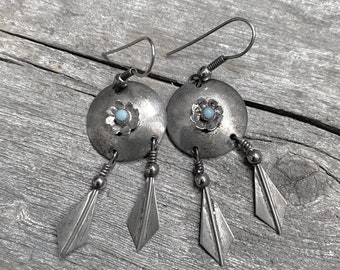 vintage sterling silver dangle FEATHER earrings turquoise circle 925 round