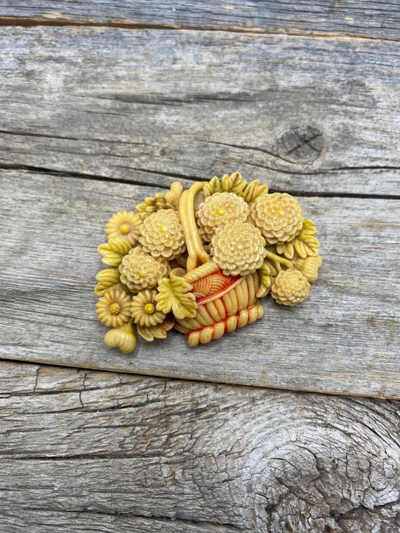 Vintage Celluloid Flower Basket brooch JAPAN chrys