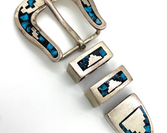 Vintage Heavy Sterling Silver Ranger Set Buckle Mexico Western Turquoise Enamel Keepers Tip