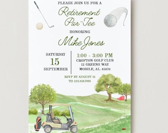 May include: A watercolour invitation for a retirement party with a golf theme. The design includes a golf cart, golf ball, and golf club illustrations. The text reads "Retirement Par-Tee" and includes event details.