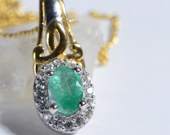 Genuine Colombian Emerald White Zircon 14k Yellow Gold Over Sterling silver Small Pendant Dainty Emerald Jewelry
