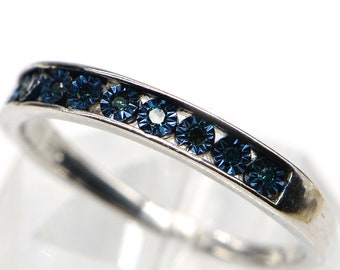 Blue Diamond  Band Ring Sterling Silver stack ring Vintage Diamond Ring