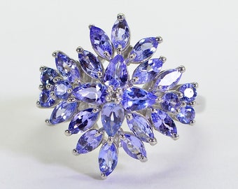 Cluster Flower Natural Tanzanite Ring  Sterling Silver Marquise Cut Stone Women Ring  Birthstone December