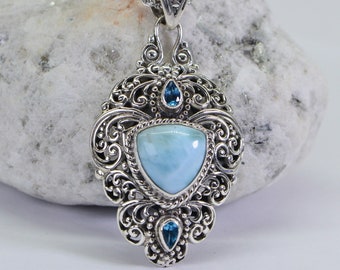 Natural Larimar Multi Stone Pendant Hand Carved Filigree Sterling Silver 14K White Gold Necklace Anniversary Gift For Wife, Mother Gift