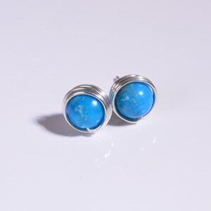 Genuine Arizona Turquoise Sleeping Beauty Earrings Wire Wrapped Studs 8mm Sterling Silver 925 Chakra stone Birthstone December Post Earrings