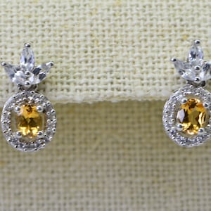 Genuine Citrine Earrings Halo Diamond Oval  Tiny Stud Earrings Gemstone Yellow Solid  Sterling Silver Flower Stud Earrings Gift For Women