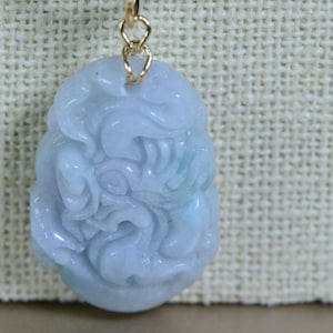 Jade Dragon Amulet Necklace Natural Burmese Ice Green Jadeite Carved Chinese Zodiac Signs, Animal Pendant Necklace 14K Yellow Gold Wire Wrap