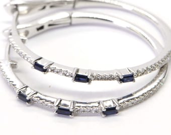 Sapphire Diamond Hoop Earrings, 14K White Gold Lever Back