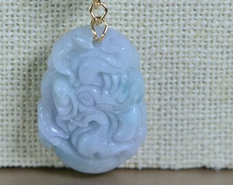 Jade Dragon Amulet Necklace Natural Burmese Ice Green Jadeite Carved Chinese Zodiac Signs, Animal Pendant Necklace 14K Yellow Gold Wire Wrap