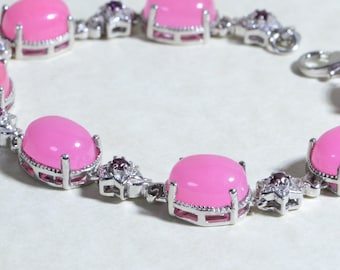 Pink Jade Bracelet  Rhodolite Garnet Sterling Silver Link Chain Bangle Bridal Bracelet  for women