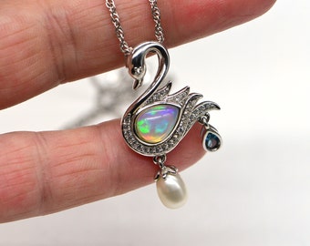Vintage Rose Gold over Sterling Silver Petite Swan Pendant with Genuine Fire Opal and Pave Cubic Zirconia Accents