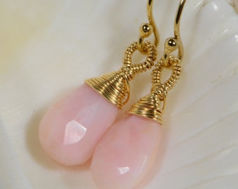 Peruvian Pink Opal Earrings Drop Earrings Beaded Earrings Wire Wrapped 14K Gold Filled Earrings