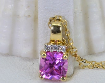 Diamond and Pink Sapphire Cushion Tiny Pendant 14K Gold Sterling Silver Birthstone September  Petite Pendant Square Stone Delicate Chain