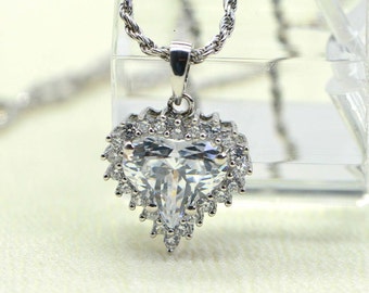 Cubic Zirconia Simulated Diamond 14K White Gold Over Sterling Silver Heart  Pendant Necklace Estate , Vintage Pendant ,Birthstone April