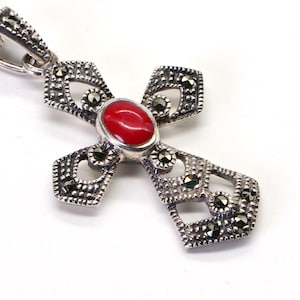 Natural Gray Sapphire Coral Cross Pendant Sterling Silver Necklace Birthstone Gemstone Vintage Jewelry