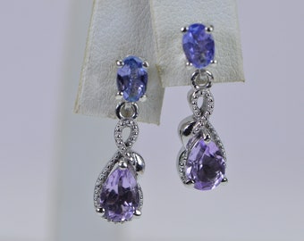 Natural Tanzanite and Pink Amethyst  14K White Gold Over Sterling Silver Dandle Stud Earrings Multi Stone Earrings Purple Delicate Earrings