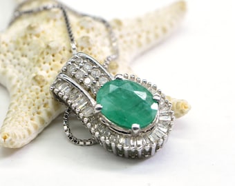 Colombian Emerald Diamond Pendant: Sterling Silver Necklace