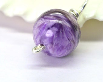 Russian Charoite  Charm Pendant  9 mm Wire Wrapped In Sterling Silver