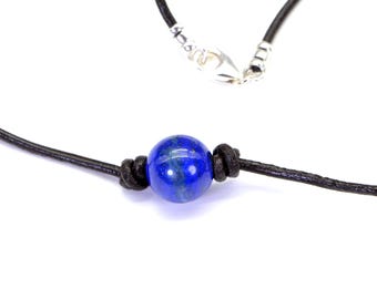 Lapis Lazuli Choker Necklace Single Bead On Leather Cord Gemstone Western Style Jewelry