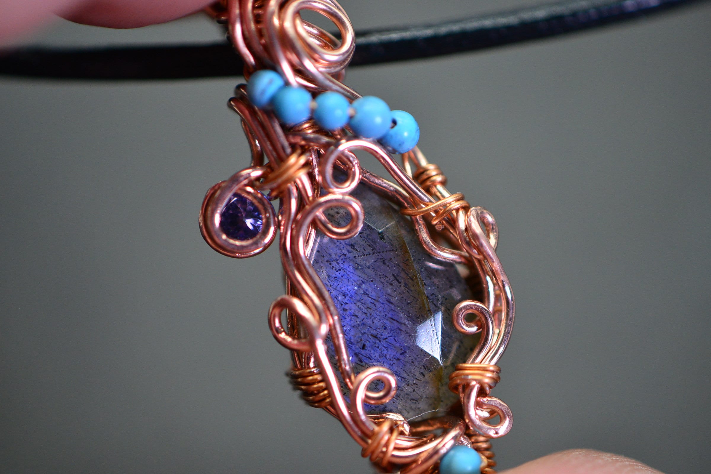 Wire Wrapped Pendant: Turquoise, Tanzanite & Labradorite Copper Wire Wrapped Pendant: Turquoise, Tanzanite & Labradorite Copper