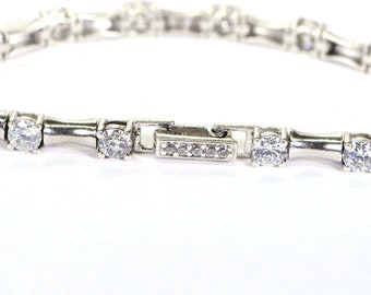 Silver Bamboo Bracelet Simulated Diamond  Tennis Bracelet Rhodium Over Sterling Silver Glamor Sparkly Wedding Bracelet Fold Over Link Clasp