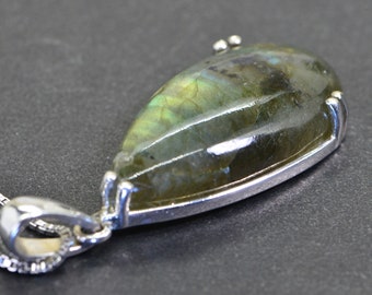 Labradorite Gold Blue Flash  Pendant, Large Stone Teardrop Double Prong Setting Sterling silver Crystal Healing Pendant