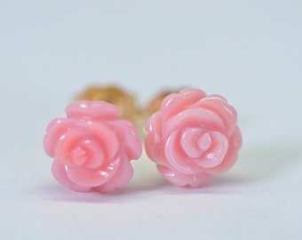 Queen conch pink Carved Rose Stud Petite Earrings Flower 8mm Earrings Genuine Conch Shell Carved Rose Peachy Pink Tiny Flower Earrings Gift