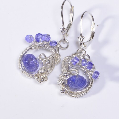 Wire Wrapped Earrings Tanzanite Earrings Sterling Silver Gemstone Earrings shops