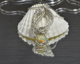 Ethiopian Welo Opal Pendant: Sterling Silver Wire Wrapped Necklace