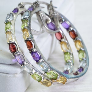 Natural Garnet Amethyst Peridot Citrine Multi Color  Large Hoop Earrings for Women Gold Hoop with Stone Earrings Gemstone Hoops