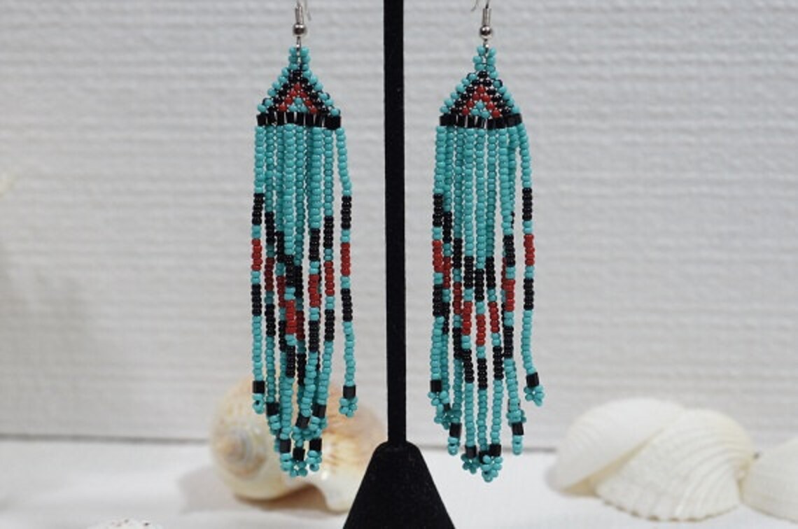 Beaded Fringe Earrings Native American Long Beaded Earrings. - Etsy