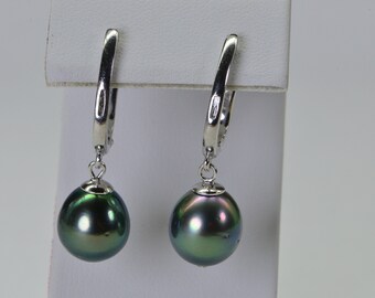 Tahitian Cultured Black Pearl Natural Baguette Diamond Encrusted  Dangle Earrings 14K White Gold Over Sterling Silver Gift For Women