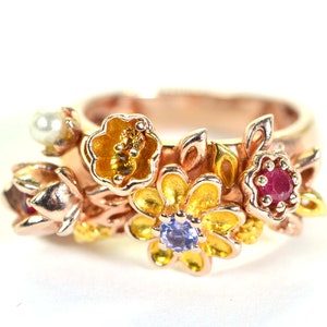 Multi Gemstone Flower Ring: Ruby, Tanzanite, Pearl, Rose Gold Vermeil, Size 6 image 4