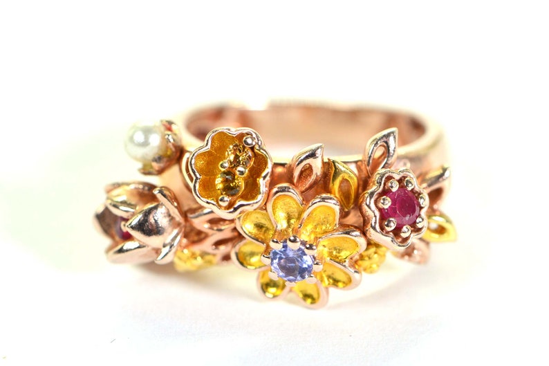 Multi Gemstone Flower Ring: Ruby, Tanzanite, Pearl, Rose Gold Vermeil, Size 6 image 4