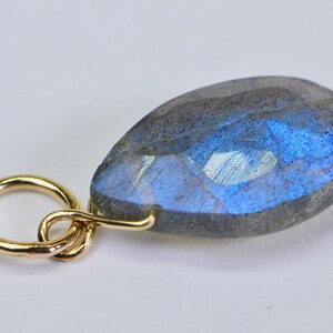 May include: A teardrop-shaped pendant with a gold bail. The pendant is made of a blue labradorite gemstone with iridescent flashes of color.