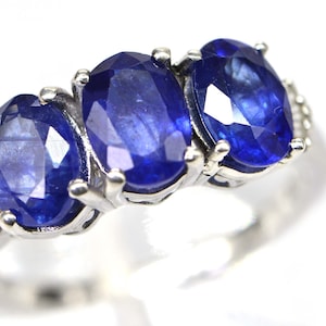 Genuine Blue Sapphire Diamond  Three Stone Ring 14K white Gold Over Sterling Silver Oval Cut Stone Women Ring  Birthstone September