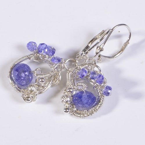 Wire Wrapped Earrings Tanzanite Earrings Sterling Silver Gemstone Earrings shops
