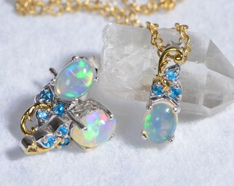 Ethiopian Opal Sterling Silver Necklace Earrings Set – Handmade Teardrop Jewelry