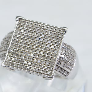 Real Diamond Encrusted Square Top Engagement Ring 14K White Gold Sterling Silver Fashion Band Square Design Cocktail Ring Gift For Women