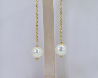 Akoya Japanese Pearl Long Chan 14k Gold Filled  Stud Earrings Statement Pearl Earrings, Bridal Earrings, Gold Chain Pearl Earrings, For Her