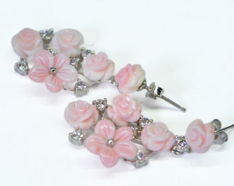 Queen Conch Pink Shell Earrings  14K White Gold Over Sterling silver Baby Pink Cluster Rose