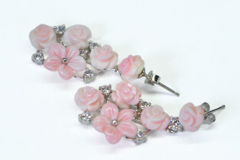 Queen Conch Pink Shell Earrings 14K White Gold Over Sterling silver Baby Pink Cluster Rose image 1