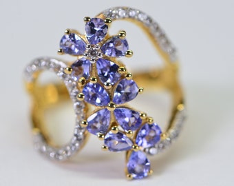 Genuine Tanzanite Flower Cluster Women Ring 14K Yellow Gold Over Sterling Silver  Cocktail Ring Birthstone December