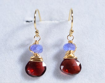 Tanzanite Garnet 14K Gold Wire Wrapped Earrings Multi stone Small Earrings Birthstone February