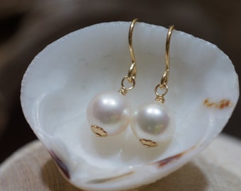 Freshwater Pearl Earrings Ivory Pearl AA 8 mm 14 k gold filled  wire Birthstone Jewelry