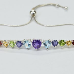 Multi Stone Hearts Bracelet Bolo Adjustable Sterling silver Birthstone Bracelet